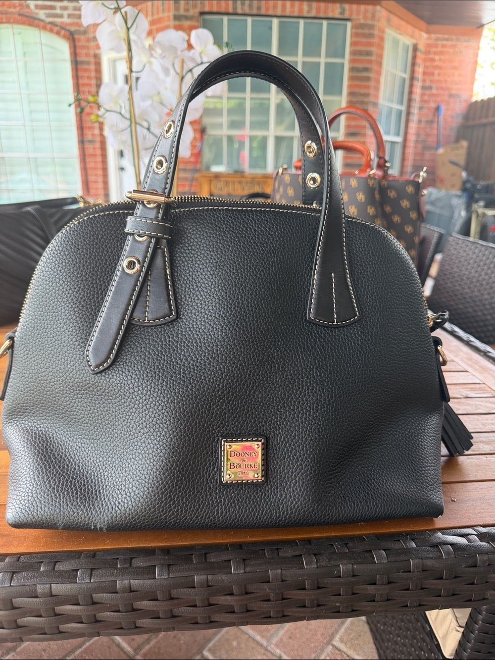 Dooney & Bourke Black Pebbled Leather Dome Satchel with Gold Hardware